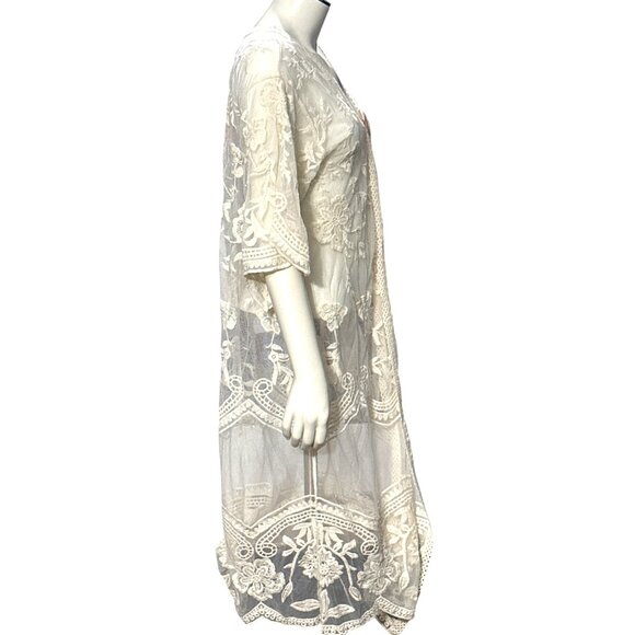 CCC Sheer Ivory Floral Embroidered Long Kimono Cardigan Cover Up Poncho Shawl OS - Picture 4 of 8